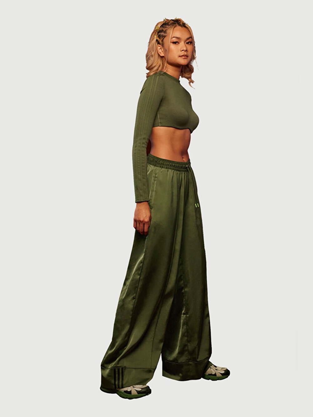 ADIDAS X IVY PARK WOMENS 3 STRIPE WIDE LEG PANT 'WILD PINE'
